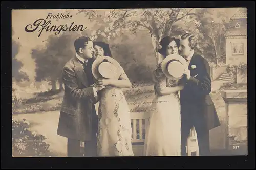 Foto-AK Pfingsten: Zwei Liebespaare im Park, ELBERFELD 2 - 25.5.1912