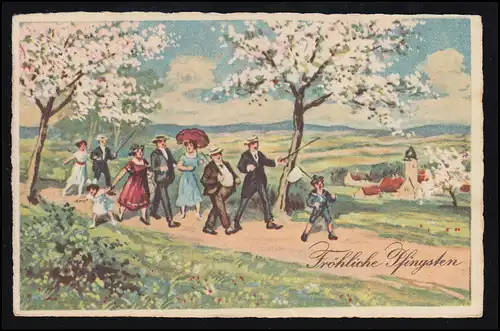 AK Pentecôte: Excursion en famille sous les arbres fleuris, BERLIN 1930