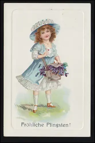AK Pfingsten: Mädchen im blauen Kleid mit Hut und Tasche, BERLIN-SCHÖNEBERG 1914
