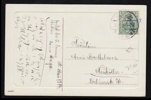 AK Pentecôte: Fille en robe bleue avec chapeau et sac, BERLIN-SCHÖNEBERG 1914