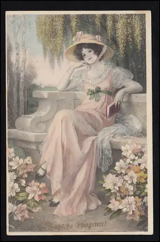 AK Pfingsten: Lächelnde Frau mit Buch auf der Bank, HANNOVER 10.5.1913