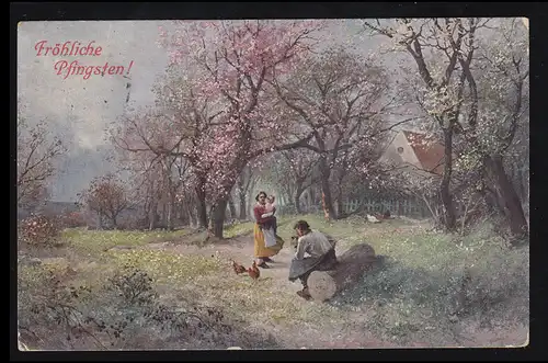 AK Pentecôte: Pause de travail - Famille paysanne Poules Forêt, GÖRLITZ 3 e 17.5.1918