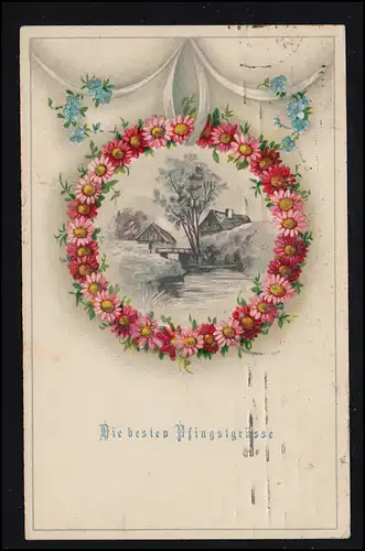 AK Pentecôte: Paysage du village avec rivière dans la couronne de fleurs, HAMBURG 7.6.1919