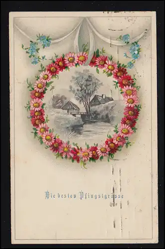 AK Pfingsten: Dorflandschaft mit Fluss im Blumenkranz, HAMBURG 7.6.1919 