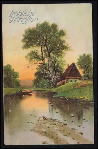 AK Pentecôte: Paysage fluvial avec baril et maison, BÜHLAU / DRESDEN 1914