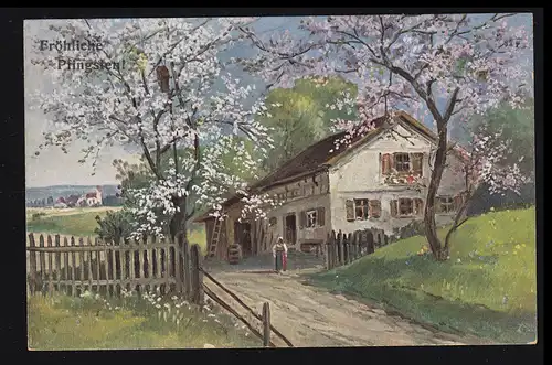 AK Pfingsten: Bauernhaus mit blühenden Bäumen, LÜBECK 10.5.1913