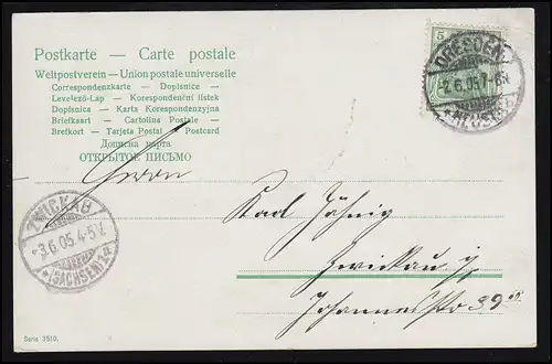 AK Pentecôte: Dorfidylle - arbres fleurissants, DRESDEN-NOUVELLE-VILLE 2.6.05 selon ZWICKAU