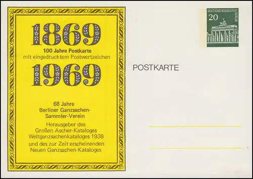 PP 41/11 Brandenburger Tor: Berliner Ganzsachensammler-Verein 1969, ungebraucht