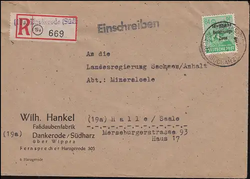 197 SBZ-Aufdruck EF R-Brief Not-R-Zettel DANKERODE über WIPPRA (SÜDHARZ) 3.1.49