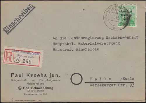 197 SBZ-Aufdruck EF R-Brief Not-R-Zettel BAD SCHMIEDEBERG DÜBENER HEIDE 10.1.49