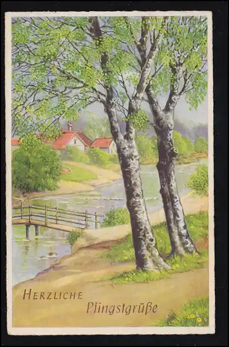 AK Pfingsten: Dorfidylle Birken am Fluss mit Brücke, WESERMÜNDE 10.5.1940