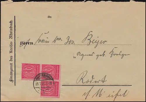 Dienstmarke D 74 Ziffer 100 Mark als MeF Brief Finanzamt RHEINBACH 23.7.1923 