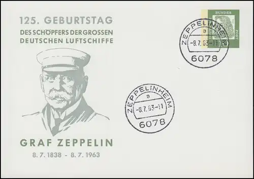 PP 28/8 Dürer: Geburtstag Graf Zeppelin, Tagesstempel ZEPPELINHEIM 8.7.63
