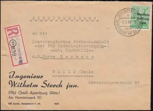 197 SBZ-Aufdruck EF auf R-Brief Not-R-Zettel GROSSAPENBURG 1.1.1949