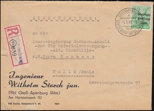 197 SBZ-Schwerpfilm EF sur lettre R de Not-R-Zetztel GROSPApenBURG 1.1.1949
