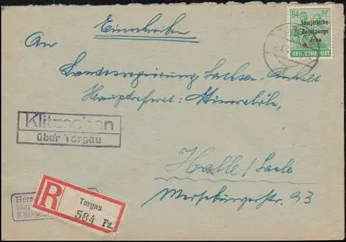 197 SBZ-Aufdruck EF mit Landpost-Stempel Klitzschen über TORGAU 4.1.49 R-Brief