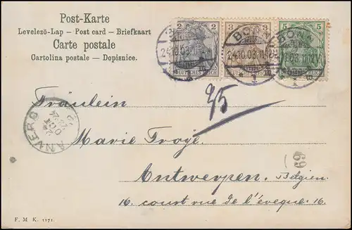 AK Der Mäuseturm im Rhein, BONN 24.10.1903 mit MiF Germania 68-70 nach Antwerpen