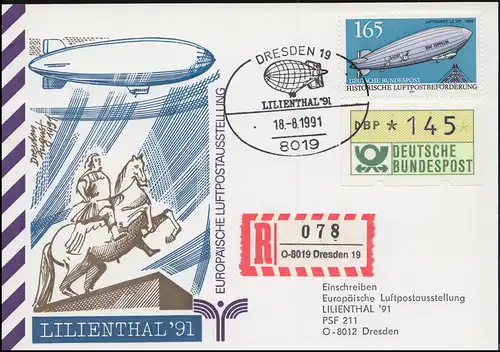 Sonderkarte Europäische Luftpostausstellung mit SSt DRESDEN LILIENTHAL 18.8.91