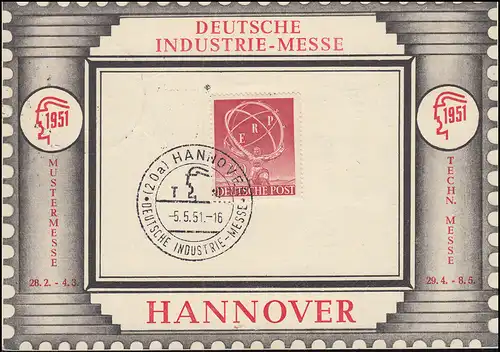 Messekarte Deutsche Industrie-Messe mit 71 ERP,  SSt HANNOVER Messe 5.5.1951