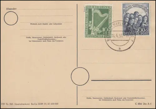 72-73 Philharmonie de Berlin sur carte postale blanche BERLIN-CHARLOTTENBURG 14.4.51
