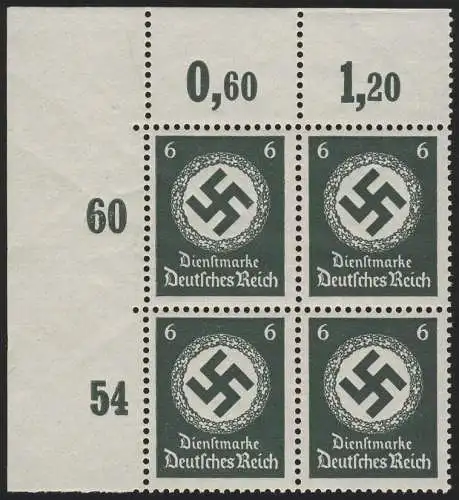135yPOR Couronne de chêne 6 Pf WAAGE DROITS Riffelung Bloc de quatre coins en haut à gauche, **