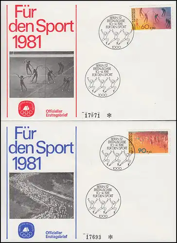 Berlin 645-646 Sporthilfe 1981: Gymnastik und Volkslauf auf 2 amtl. FDC