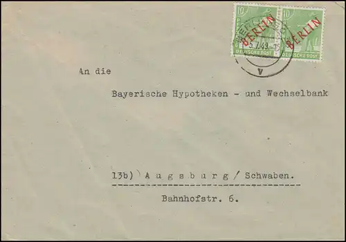 24 Rotaufdruck 10 Pfennig im Paar auf Fernbrief BERLIN 5.7.1949 n. Augsburg