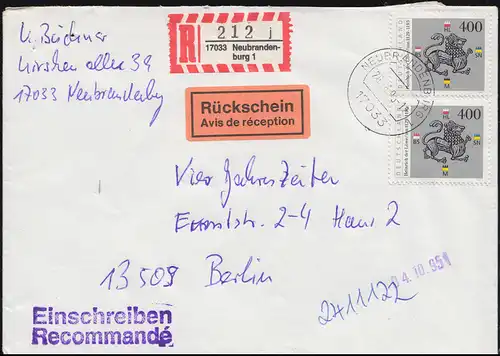 1805 Heinrich der Löwe als MeF auf Rückschein-R-Brief NEUBRANDENBURG 26.8.1995