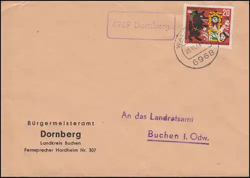 Temple de Landpost 6969 Dornberg sur lettre WALLDÜRN 25.11.1963 après Buchen