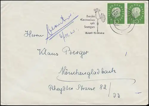 303 Heuss en couple comme MeF sur lettre Publicité-O Bundesgartensau REMSCHEID 4.11.60