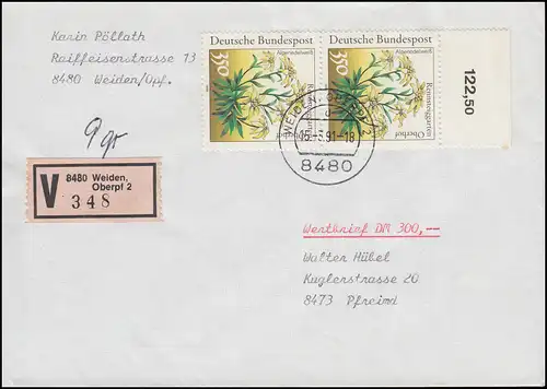 1509 Rennsteiggarten 350 Pf. senkrechtes OR-Paar MeF Wert-Brief WEIDEN 15.3.91