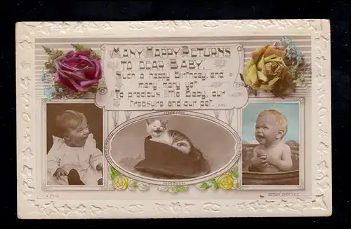 England Tiere-AK Geburtstag: Lachende Kinder und Katzen-Baby, beschriftet