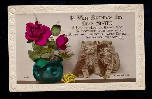 Angleterre Animaux-AK Anniversaire: Chats-frères et roses, étiquetés