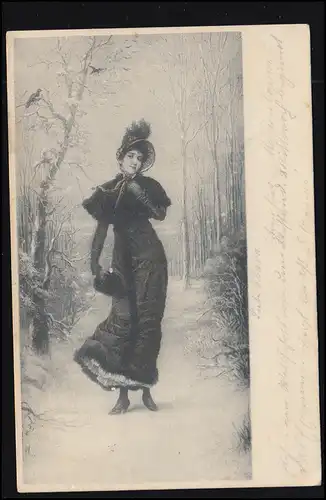 Mode AK femme en manteau d'hiver avec chapeau / muff, MARIENBAUM 28.2.02 selon HÜLS 1.3.