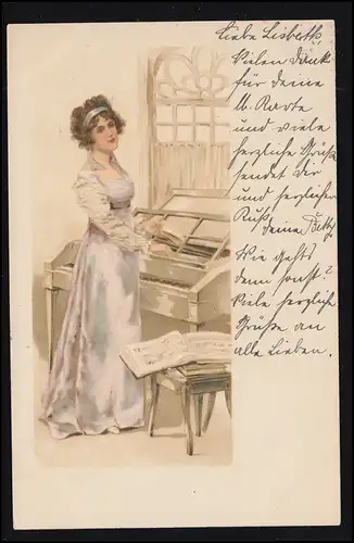 Mode-AK Stehende Frau am Klavier mit Notenbuch, MAINZ 1902 nach Elberfeld