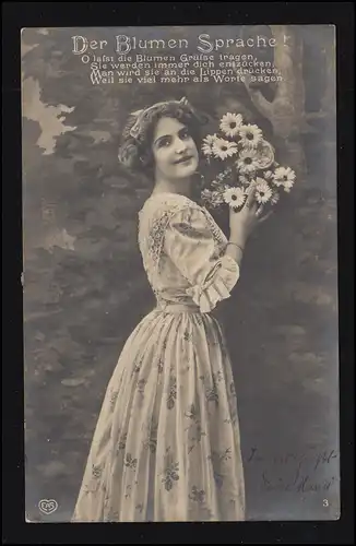 Mode AK Femme souriante avec bouquet de fleurs - La langue des fleurs! VIENNE 9.8.1909