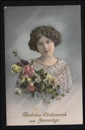 Mode-AK Namenstag Nachdenkliche Frau mit Rosenstauß, DARCHING 12.9.1913