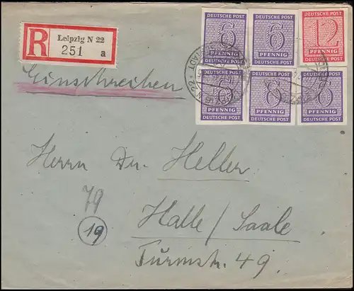 117X+119X Ziffern in MiF auf R-Brief LEIPZIG N 22 -10.12.1945 nach HALLE / SAALE