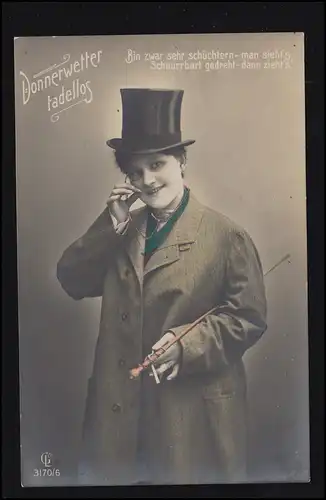 Mode-AK Frau verkleidet als Mann mit Monokel und Gerte, REGENSBURG 15.9.1909