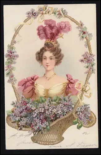 Mode AK femme avec plumes dans les cheveux - dans le panier de fleurs, carte postale locale HAMBURG 1902