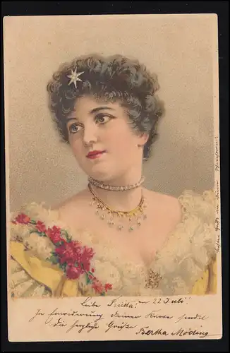 Mode AK photo femme avec des bijoux de cou et étoile dans les cheveux, carte postale locale HAMBURG 1900