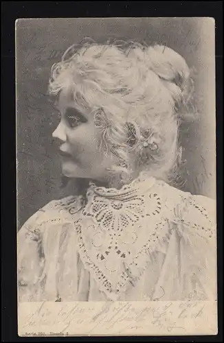 Mode-AK Frau mit blondem Haar und Haarknoten LÜBECK 7.7.1907 nach ROSTOCK 7.7.07
