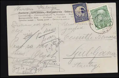 Bahnpost TRIEST-WIEN 172 - 7.7.1909 mit Spendenmarke auf Mode-AK Frau mit Blumen