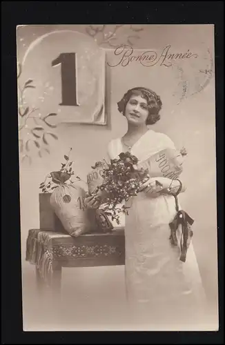 Belgien Ansichtskarte Neujahr - Frau mit Geldsäcken, BERCHEM 1914