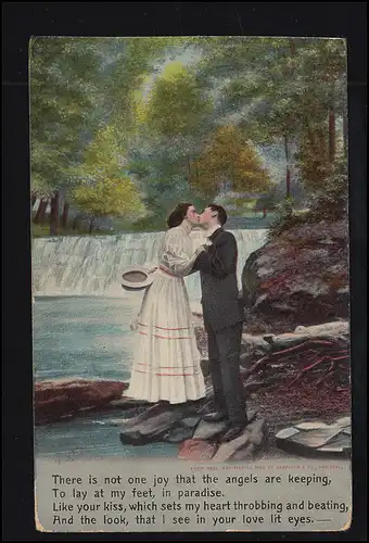 USA Liebes-AK Liebespaar Der Kuss am Wasserfall, Flaggenstempel SUPERIOR 27.7.10