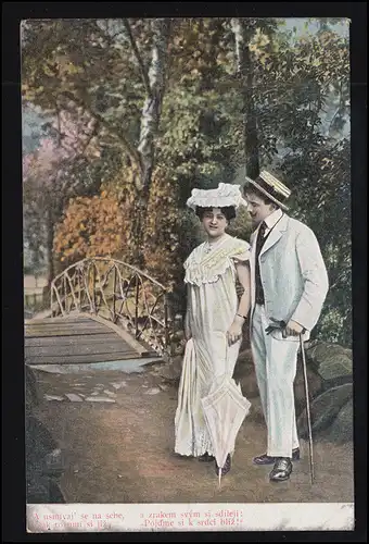 Amour-AK couple d'amour dans le parc, carte postale locale PROSSNITZ 21.2.1907