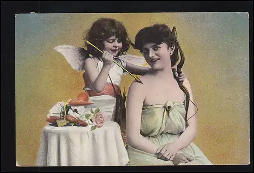 Liebes-AK Amor mit Pfeil am Tisch mit Frau, MERSCHEID (Kr. SOLINGEN) 20.2.1908
