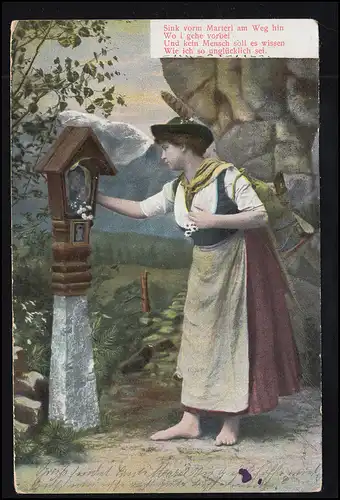Amour-AK La malheureuse femme dans la prière sur le croix de chemin, K.WÜRTT. BAHNPOST 1.3.1907