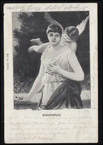 Liebes-AK Frau mit Amor - Liebesbotschaft, AACHEN 31.12.1899