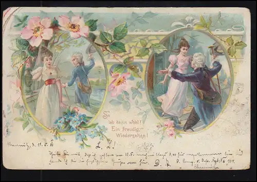 Liebes-AK Liebespaar- Abschied und Wiedersehen, CHEMNITZ 11.5.1900 nach ZEITHAIN